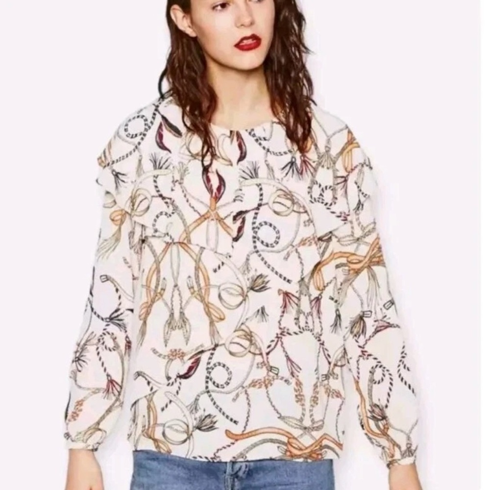 Women's Cream Ruffle Equestrian Rope Belt Blouse Top | Size Small
